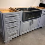 Gorgeous modern gray farm kitchen base cabinets with beautiful stainless farm sink